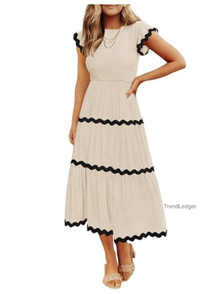 Flutter Short Sleeve Smocked Midi Dress Tiered Boho Vacation Dress